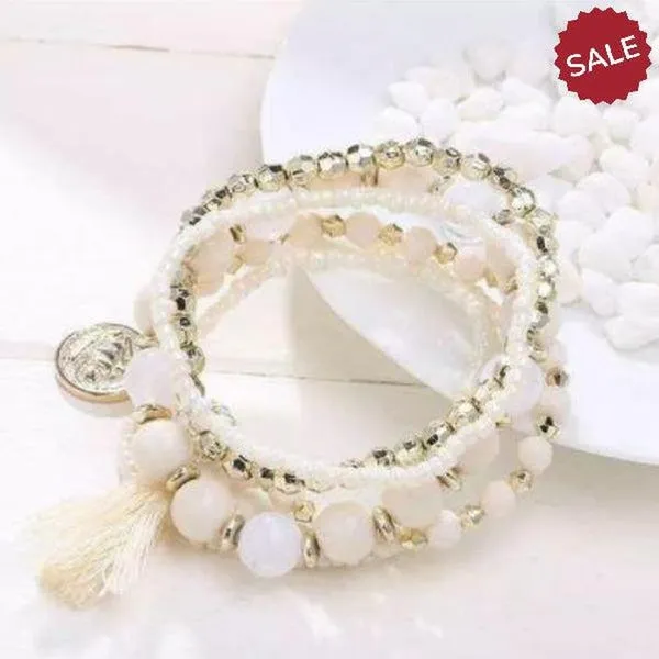 Beige Beads 6 Piece Bohemia Style Multi-layer Gold Coin Tassel Bracelet