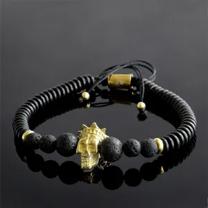 Black Lava Stone Men's Bracelet with Gold Plated Silver King Crown Skull Head Bead