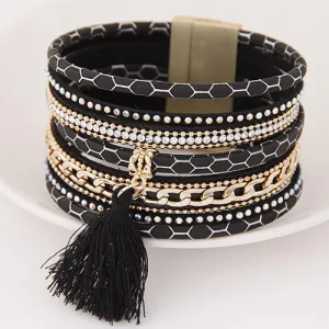 Boho Fashion Multilayer Rhinestone Leather Tassel Bracelets & Bangles Magnetic jewelry for women men pulseira feminina gift