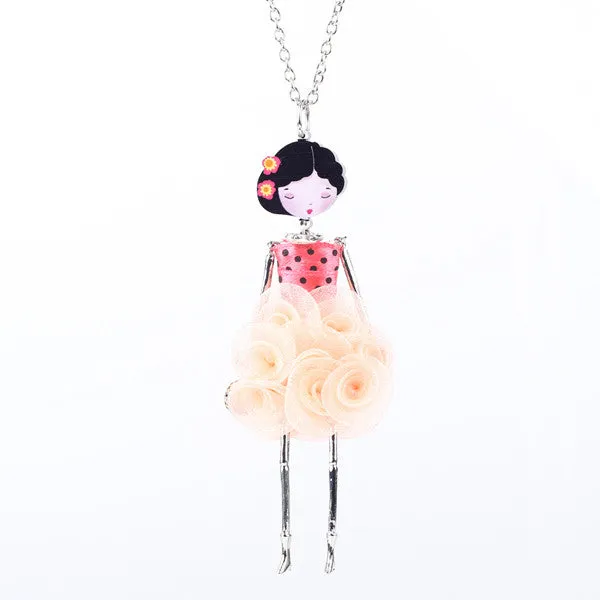 Bonsny French Paris Doll Necklace Dress Flower Long Chain Alloy Doll Pendant Fashion Jewelry For Women News Accessories