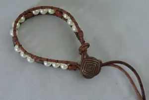 Bracelet Boho Style of Brown Leather with Beads and Swarovski Pearls