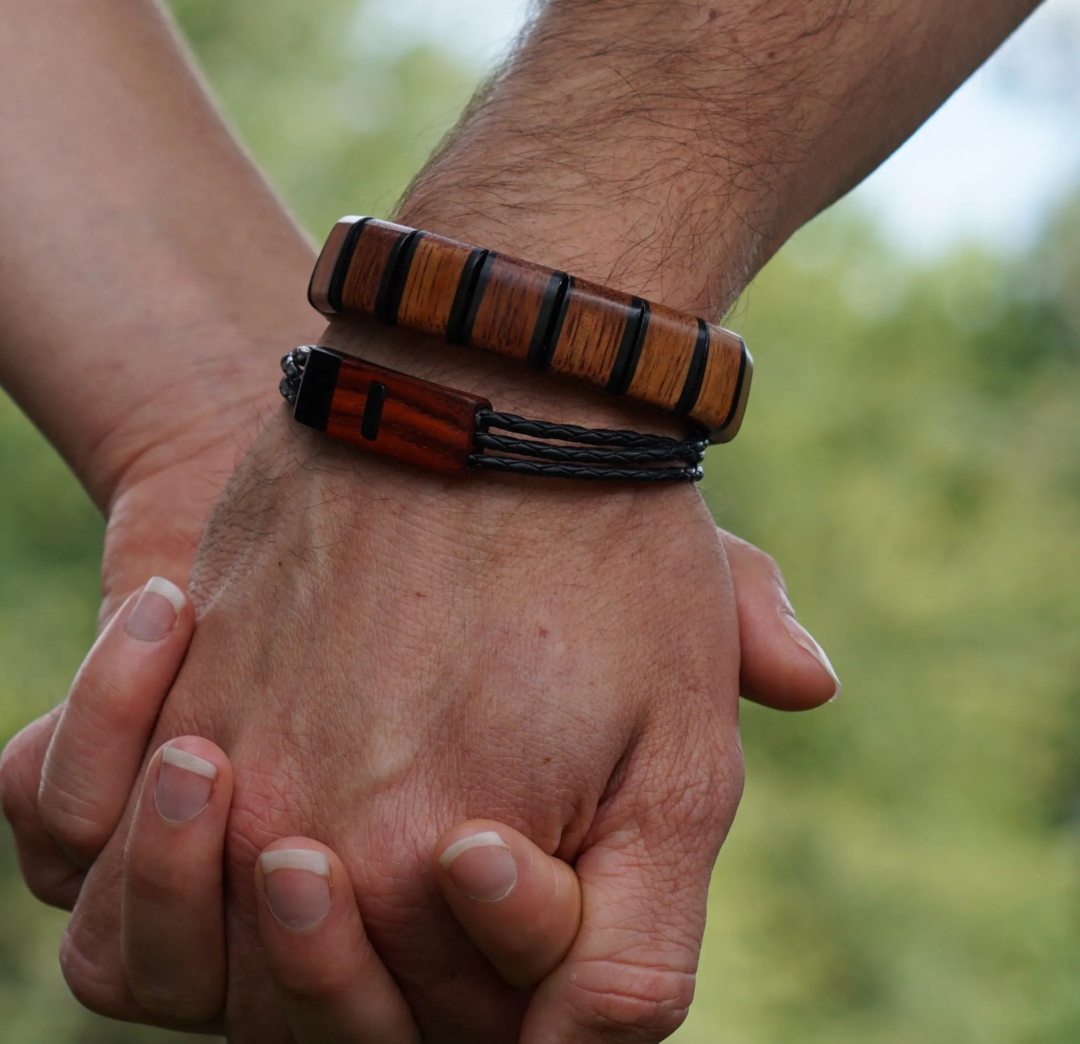 Bracelet - Wooden Clasp with Braided Leather Band