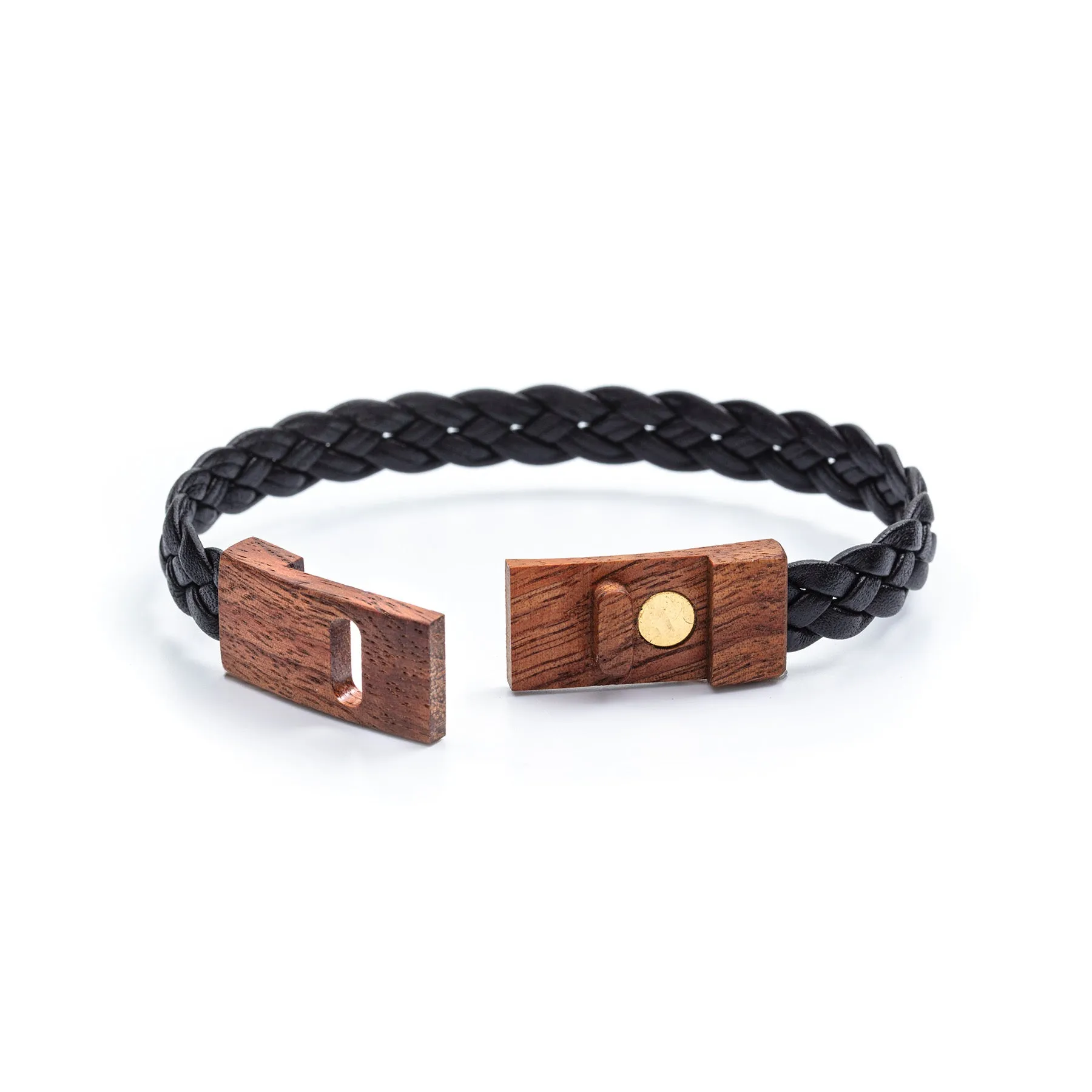 Bracelet - Wooden Clasp with Braided Leather Band