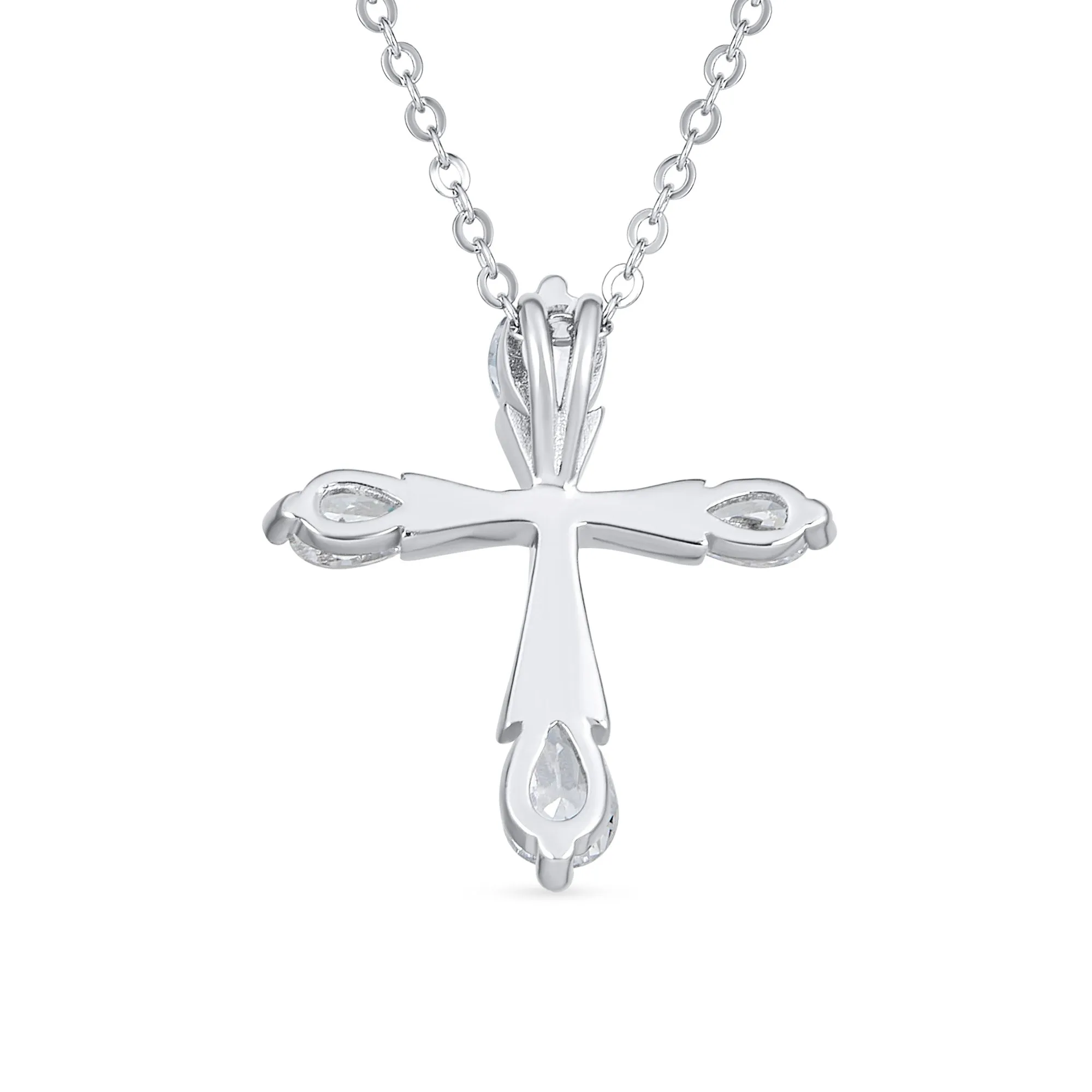 Bridal Necklace Christian Cross CZ Teardrop Pendant Sterling Silver Wedding Jewelry