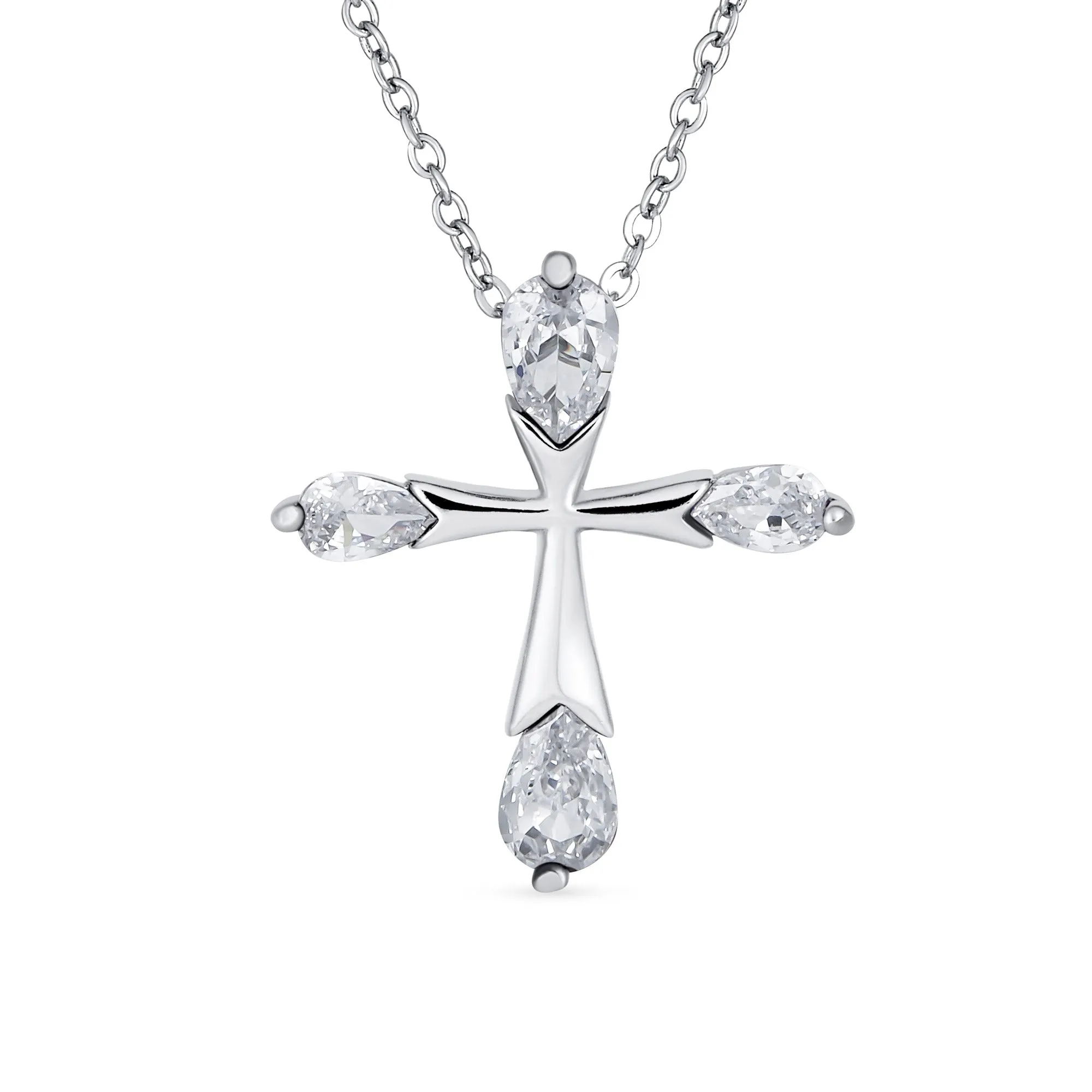 Bridal Necklace Christian Cross CZ Teardrop Pendant Sterling Silver Wedding Jewelry