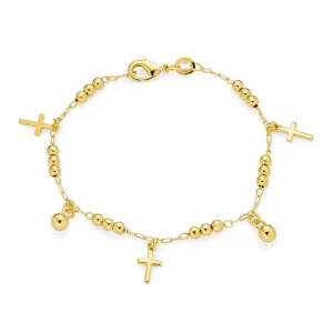 Christian Religious Beads Charm Cross Bracelet 18K Gold Plated Brass 7.5 Inch