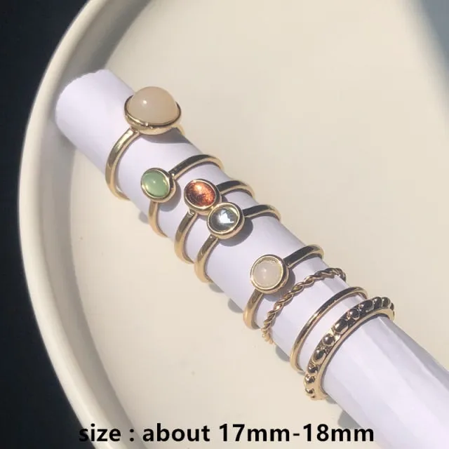 Colorful Stone Rings | 8 Pcs/Set Women Rings | Silver Ring Set | Stacking Ring Set | Adjustable Ring Set | Girl Party Ring | Korea Hit Rings