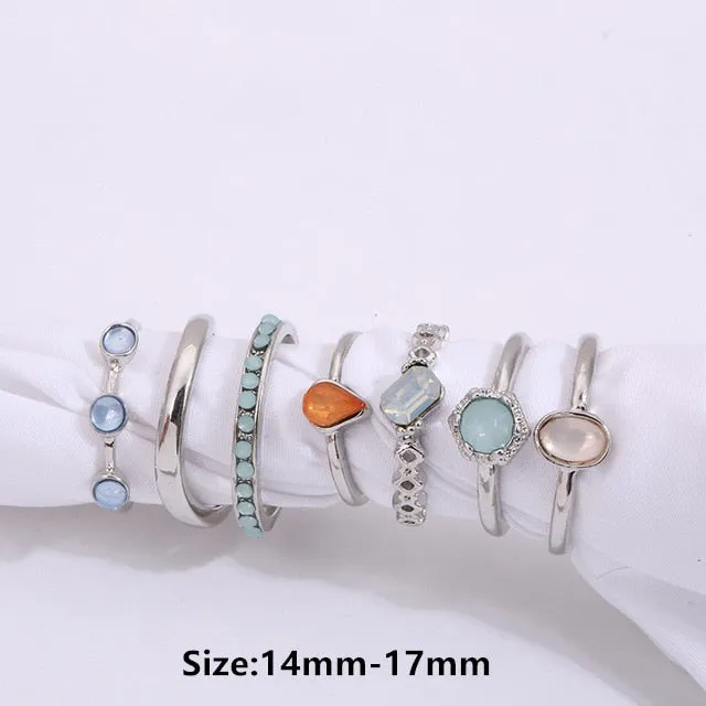 Colorful Stone Rings | 8 Pcs/Set Women Rings | Silver Ring Set | Stacking Ring Set | Adjustable Ring Set | Girl Party Ring | Korea Hit Rings