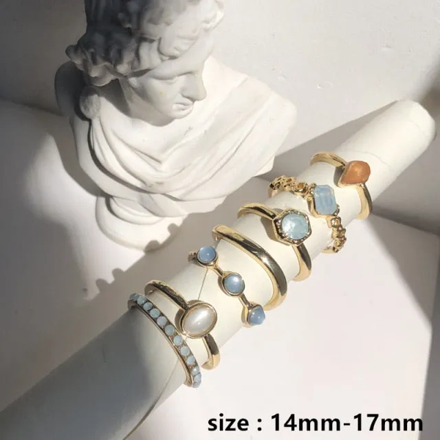 Colorful Stone Rings | 8 Pcs/Set Women Rings | Silver Ring Set | Stacking Ring Set | Adjustable Ring Set | Girl Party Ring | Korea Hit Rings