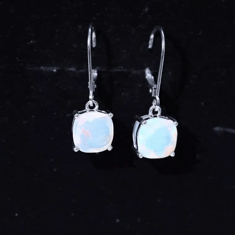 Cushion Cut Solitaire Ethiopian Opal Drop Earrings in Silver