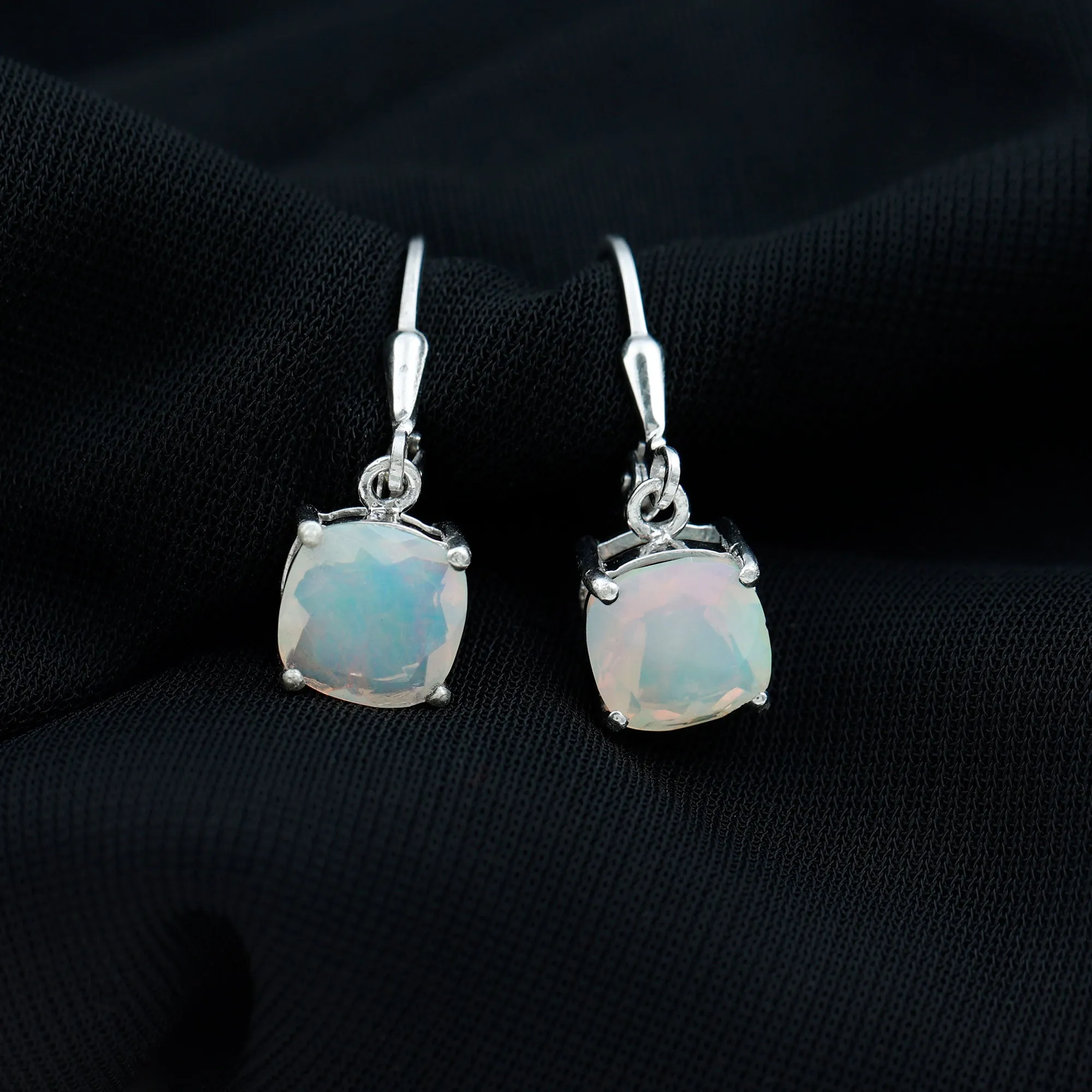 Cushion Cut Solitaire Ethiopian Opal Drop Earrings in Silver