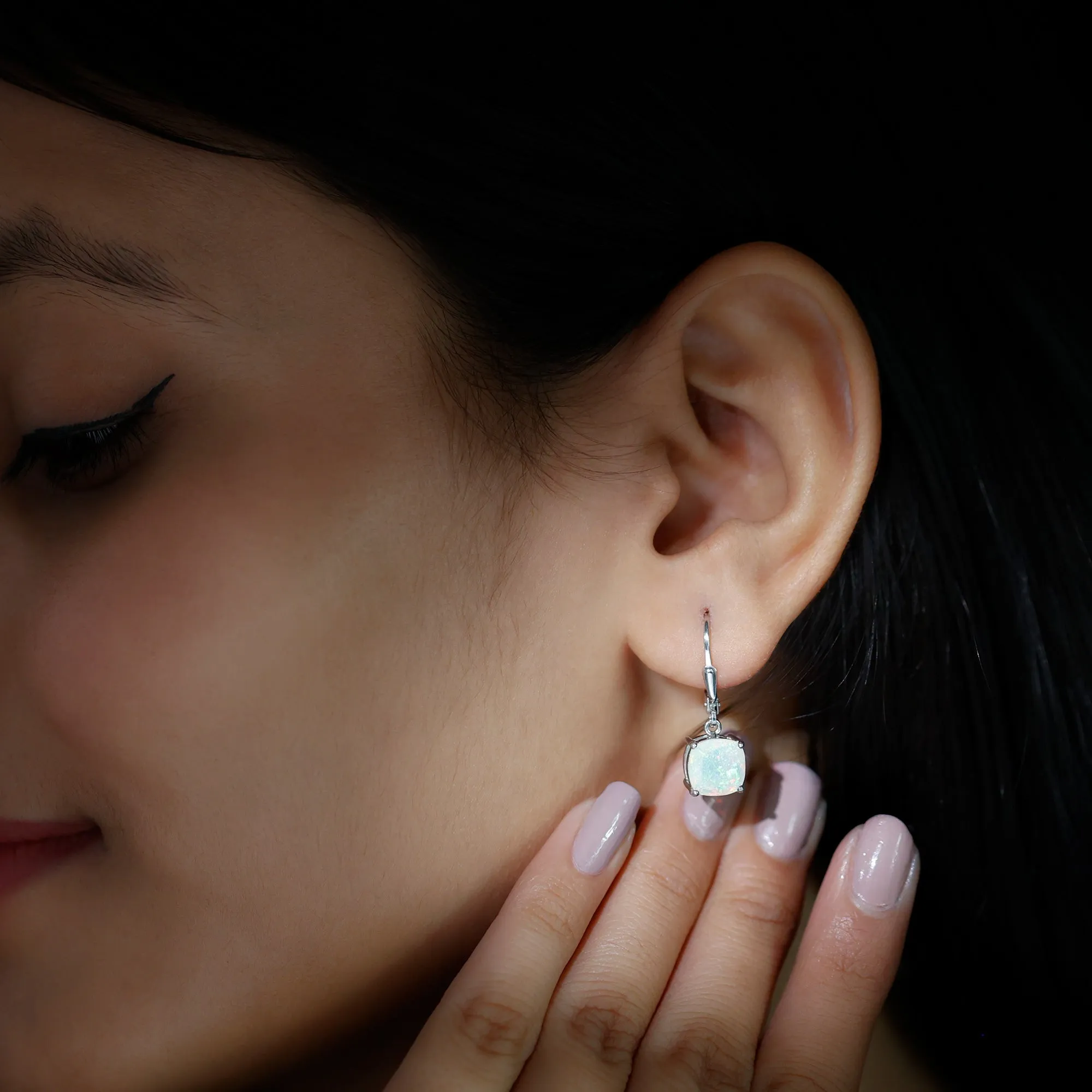 Cushion Cut Solitaire Ethiopian Opal Drop Earrings in Silver