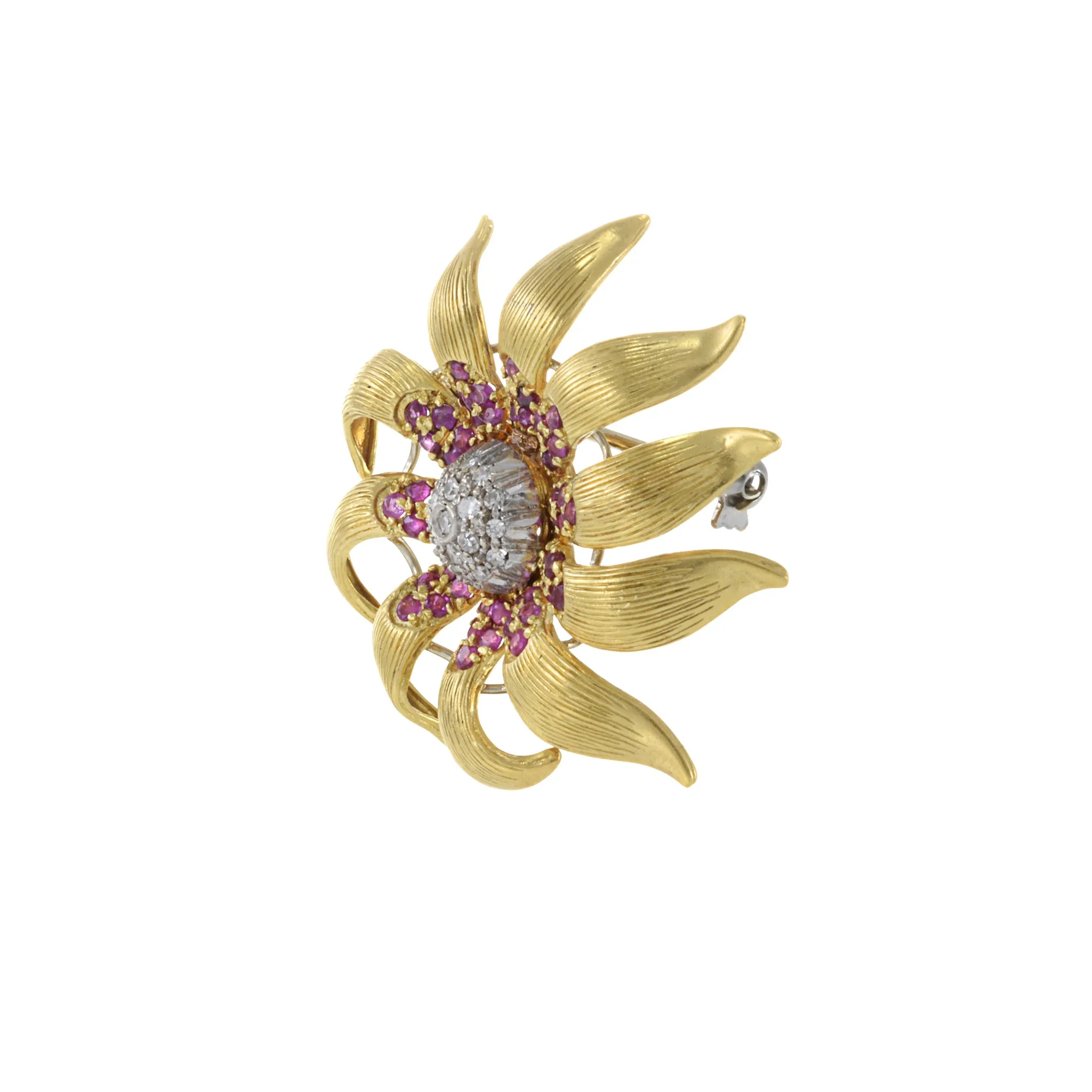 Estate Retro 18KT Yellow Gold Ruby And Diamond Flower Pin