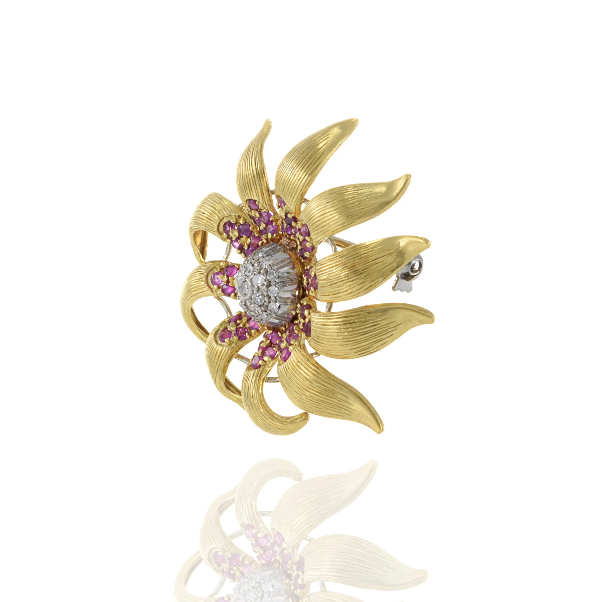 Estate Retro 18KT Yellow Gold Ruby And Diamond Flower Pin