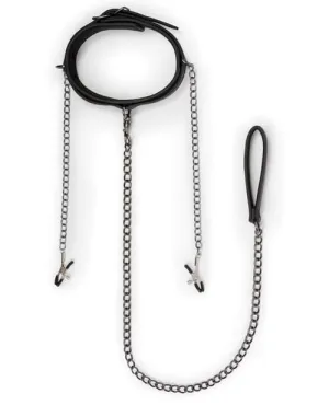 Faux Leather Lead & Nipple Clamp Collar Restraint Set