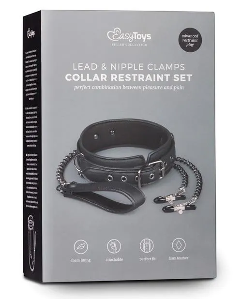 Faux Leather Lead & Nipple Clamp Collar Restraint Set