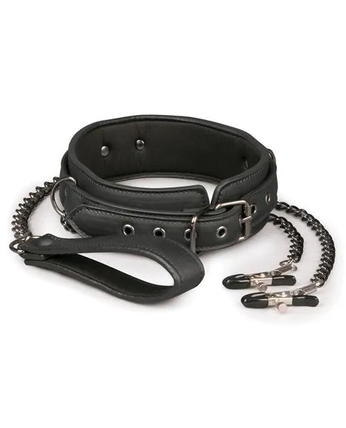 Faux Leather Lead & Nipple Clamp Collar Restraint Set