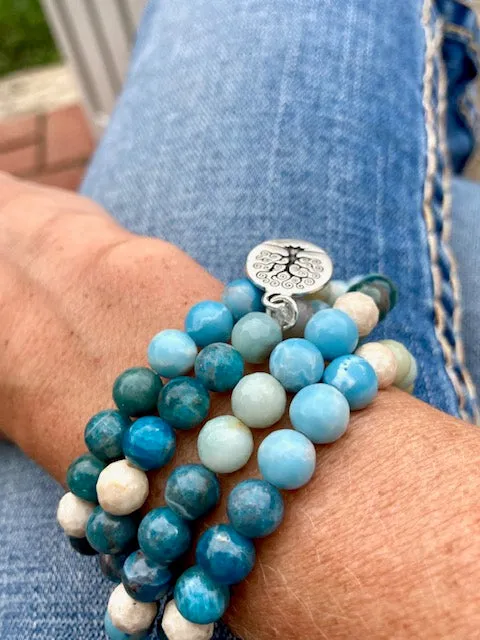 Flow with Life: Larimar, Blue Apatite and Riverstone Mala Style Wrap Bracelet