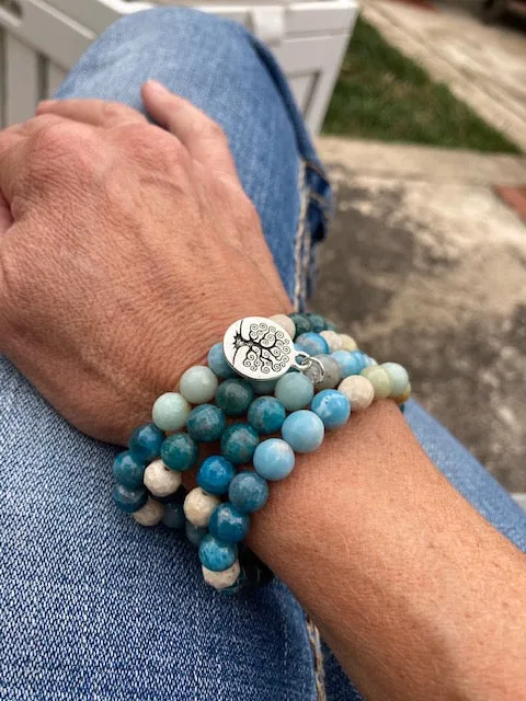 Flow with Life: Larimar, Blue Apatite and Riverstone Mala Style Wrap Bracelet