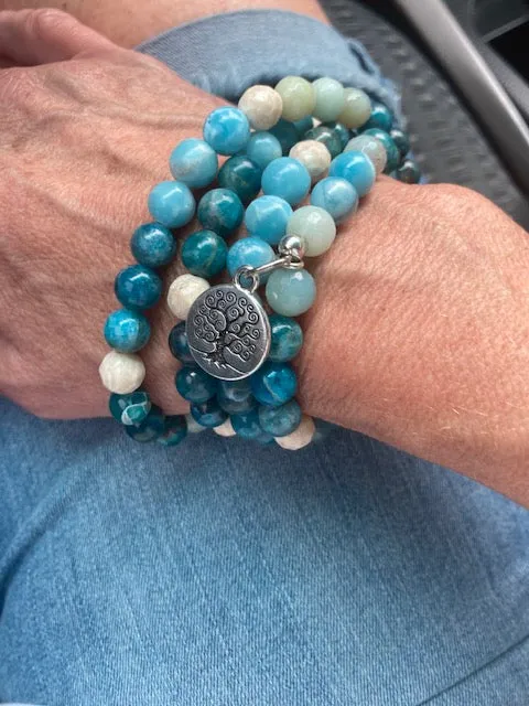 Flow with Life: Larimar, Blue Apatite and Riverstone Mala Style Wrap Bracelet