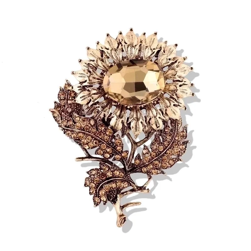 Glam Retro Shiny Pin Sunflower Alloy Plating Inlay Artificial Crystal Rhinestones Unisex Brooches