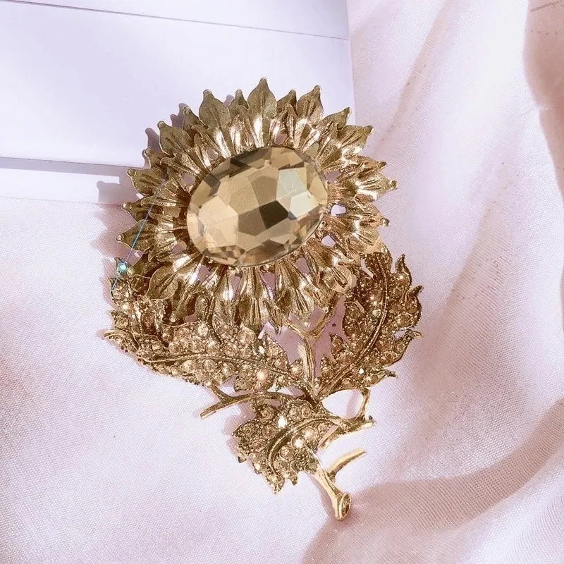 Glam Retro Shiny Pin Sunflower Alloy Plating Inlay Artificial Crystal Rhinestones Unisex Brooches