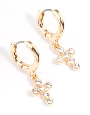 Gold Round Diamante Cross Huggie Earrings