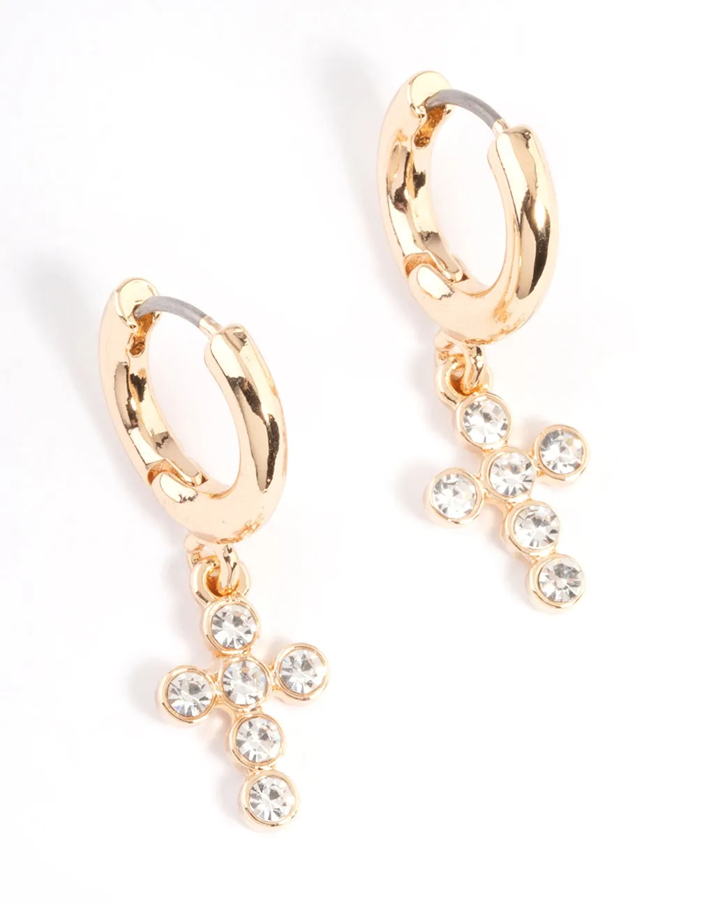 Gold Round Diamante Cross Huggie Earrings