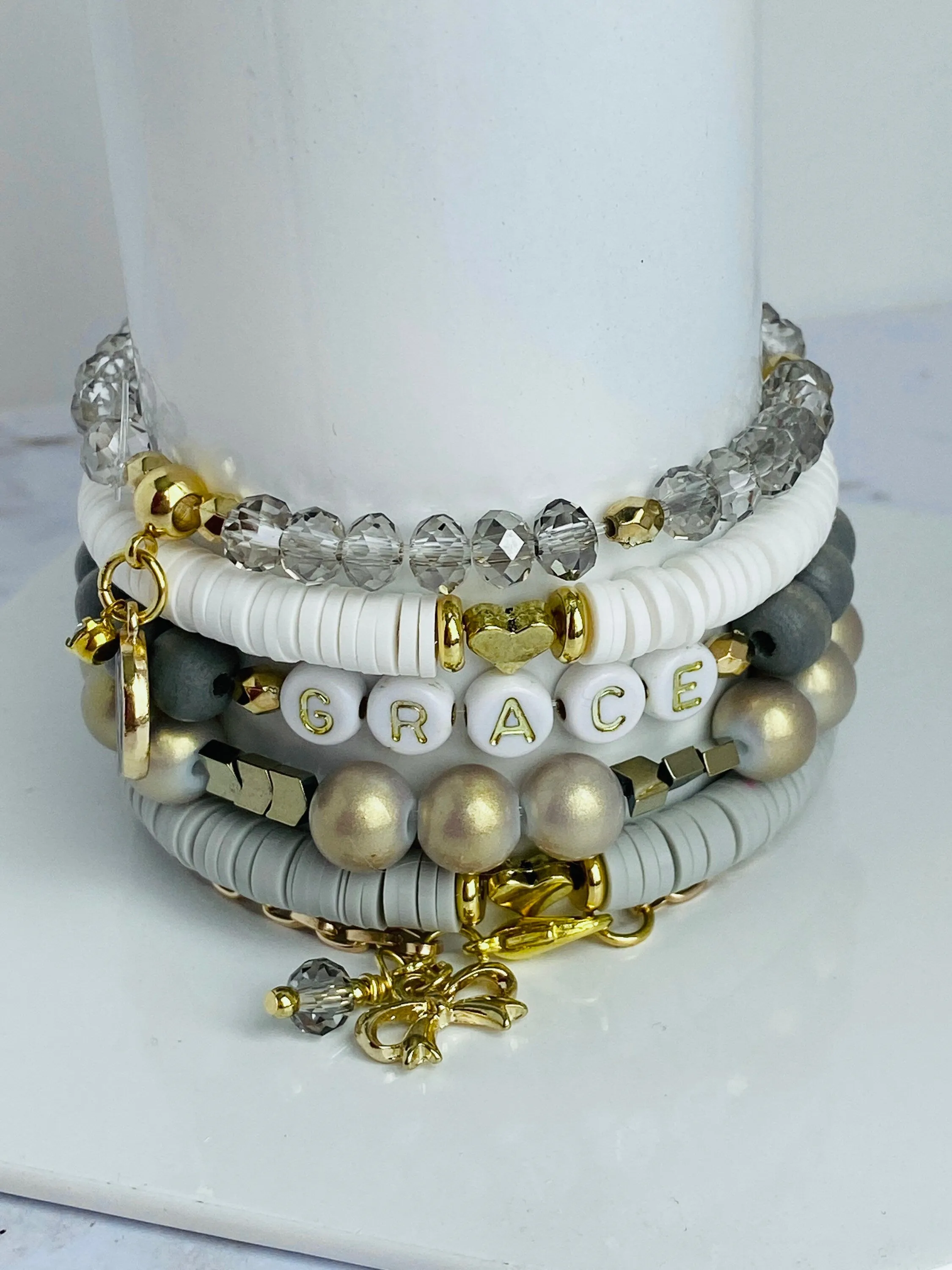 Gray and Gold Stack Bracelets/Stretch Bracelets/Layering Bracelets/Boho Jewelry/Handmade Gemstone Bracelets