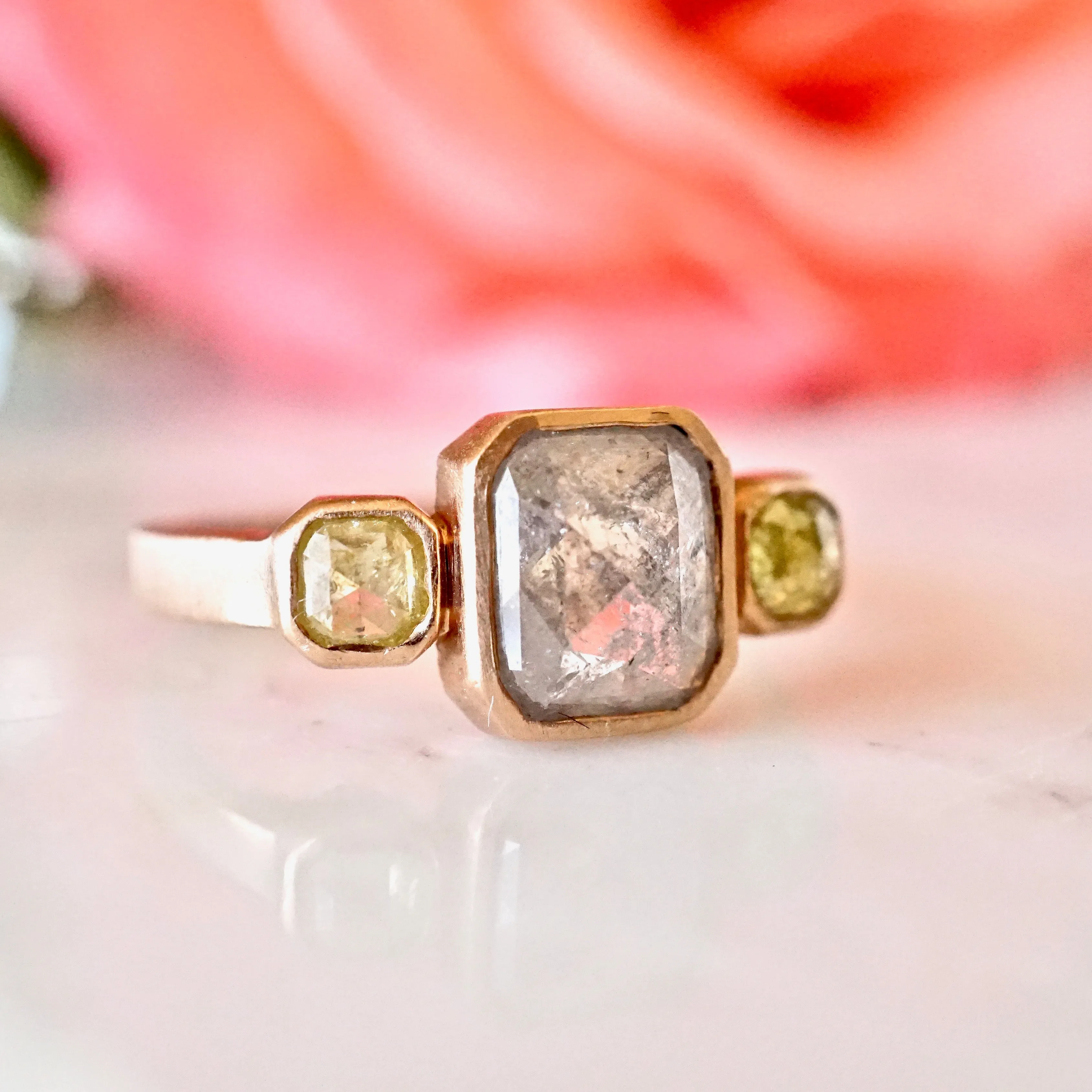 Gray Rose Cut Diamond Three Stone Ring - Three Stone Diamond Rose Gold Ring