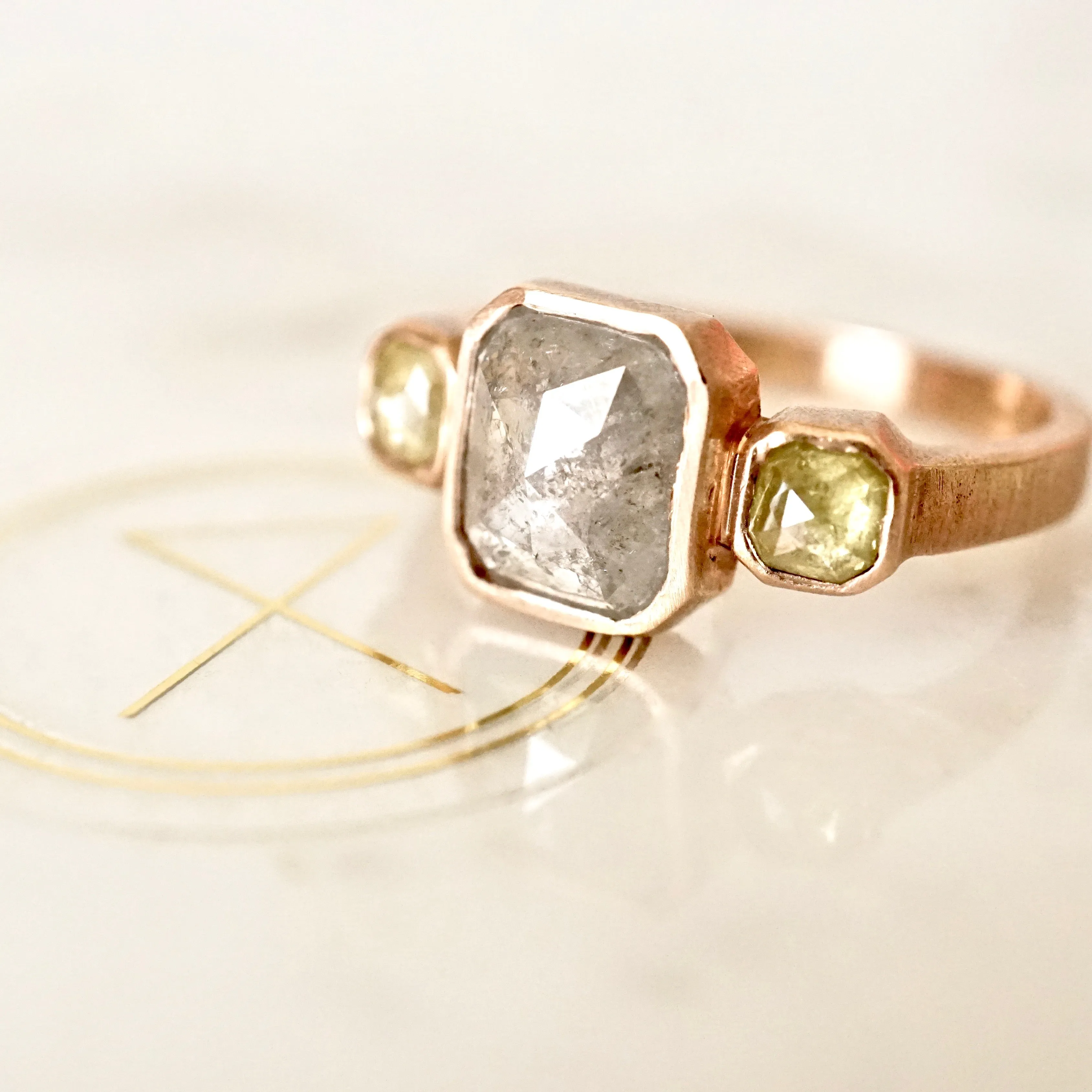 Gray Rose Cut Diamond Three Stone Ring - Three Stone Diamond Rose Gold Ring