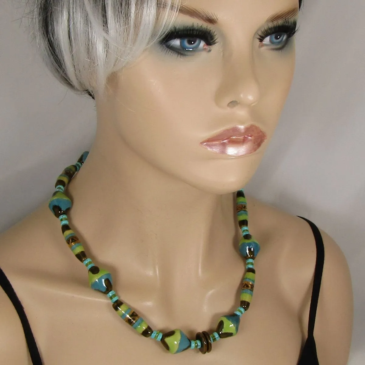 Handmade Green Turquoise & Brown Kazuri Necklace