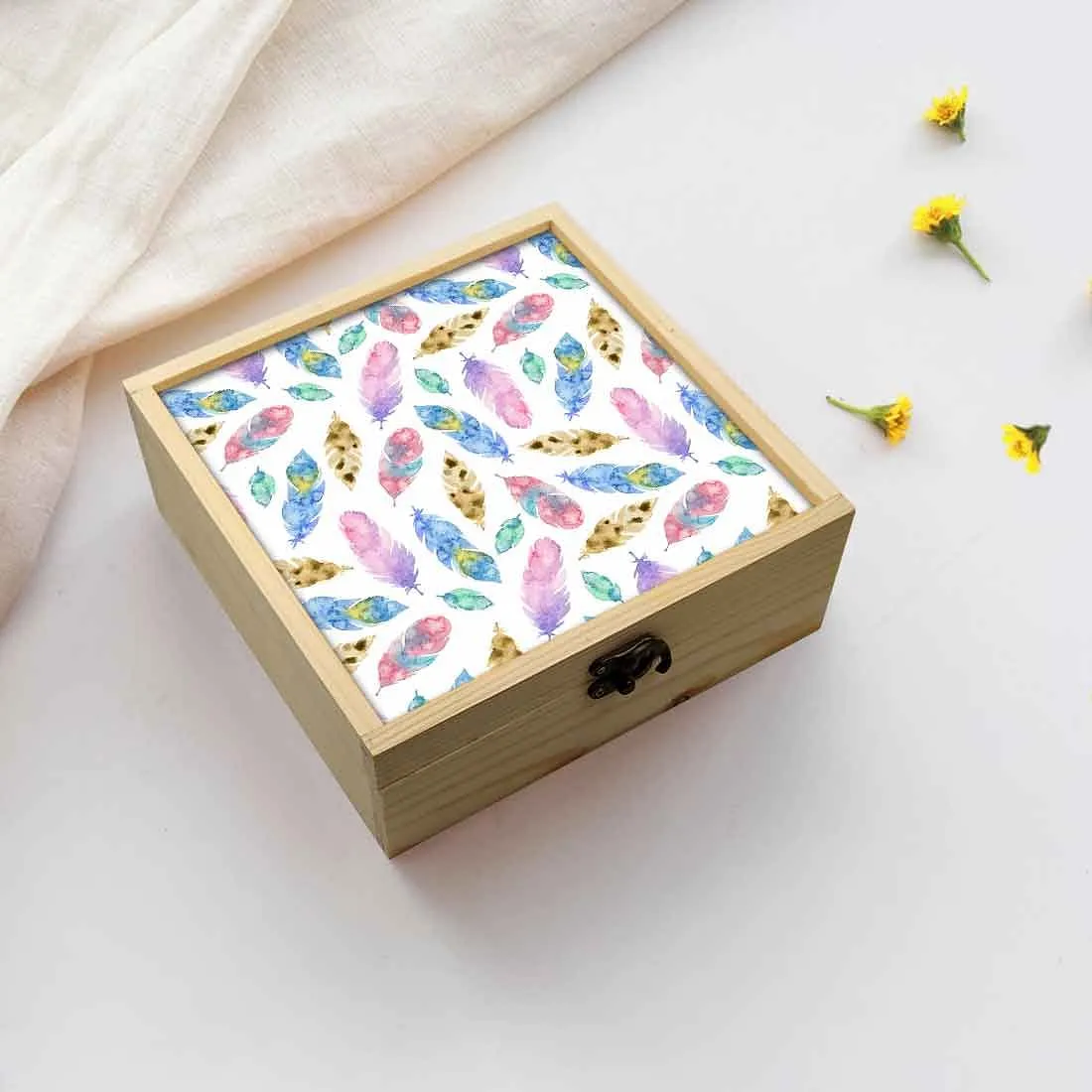 Jewellery Box Wooden Jewelry Organizer -  Colorful Feathers