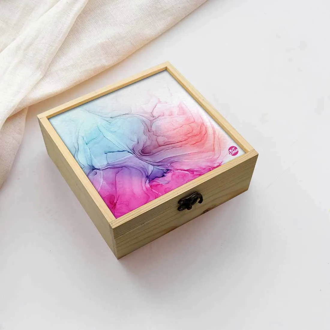 Jewellery Box Wooden Jewelry Organizer -  Pink Blue Ink Watercolor