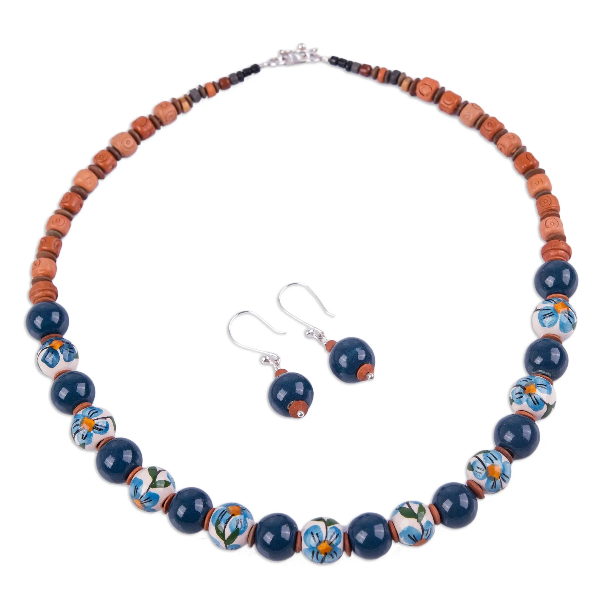 Jewelry Set with Hand Painted Flowers on Ceramic Beads - Blue Andean Blossom | NOVICA