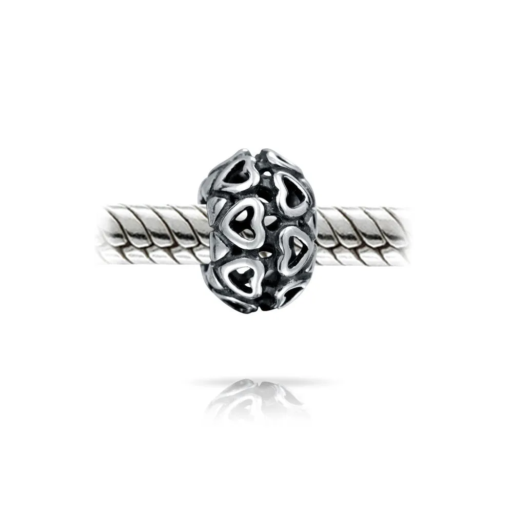 Love Valentine Filigree Heart Charm Bead in Oxidized Sterling Silver for Bracelets