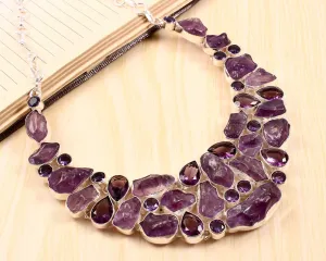 Natural Raw Amethyst Bib Necklace For Women - 925 Sterling Silver Wedding Necklace