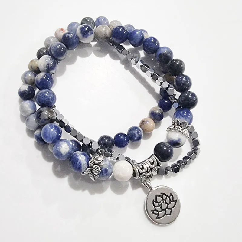 Natural Stone Lotus Triple Stack Bracelet - Boho Blue Sodalite