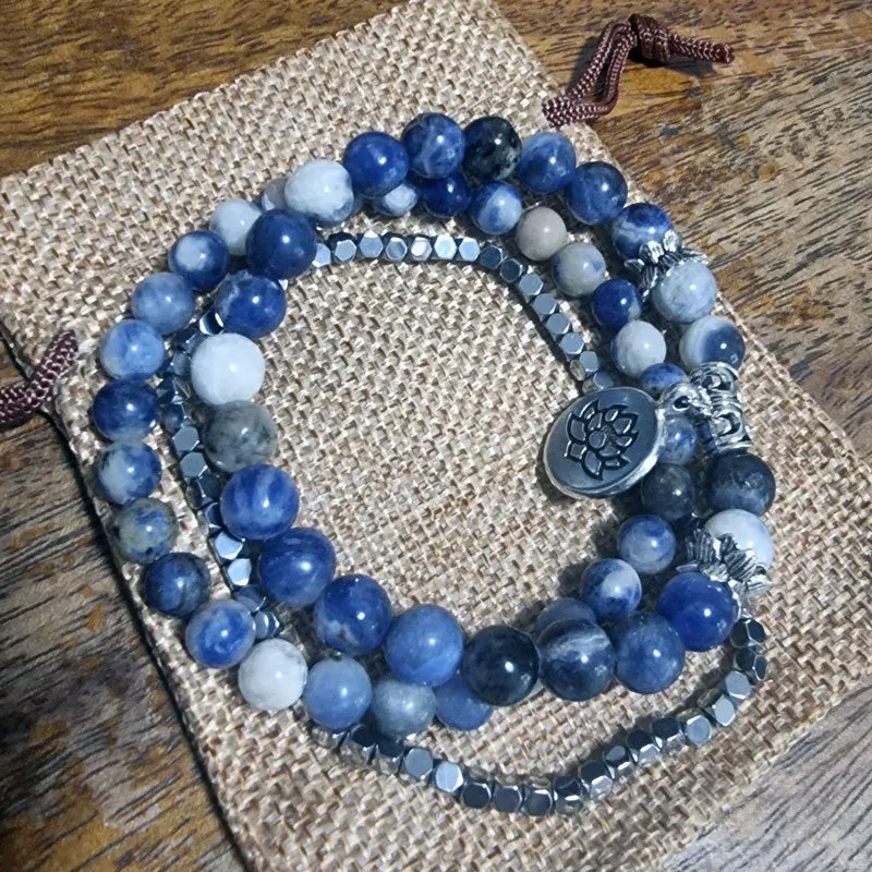 Natural Stone Lotus Triple Stack Bracelet - Boho Blue Sodalite