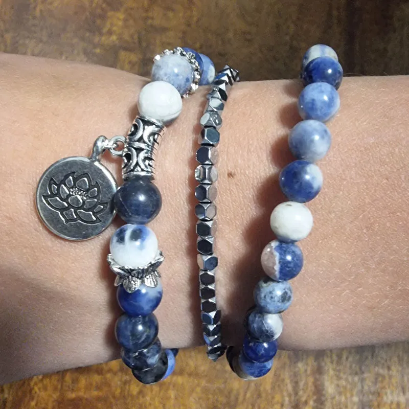 Natural Stone Lotus Triple Stack Bracelet - Boho Blue Sodalite