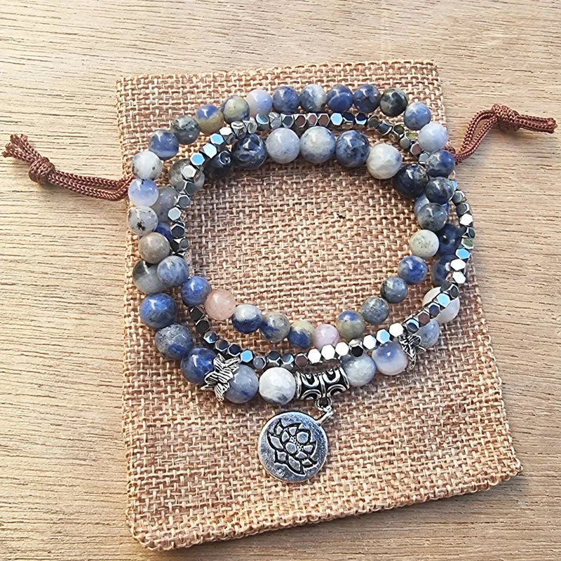 Natural Stone Lotus Triple Stack Bracelet - Boho Blue Sodalite