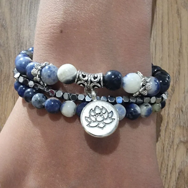 Natural Stone Lotus Triple Stack Bracelet - Boho Blue Sodalite