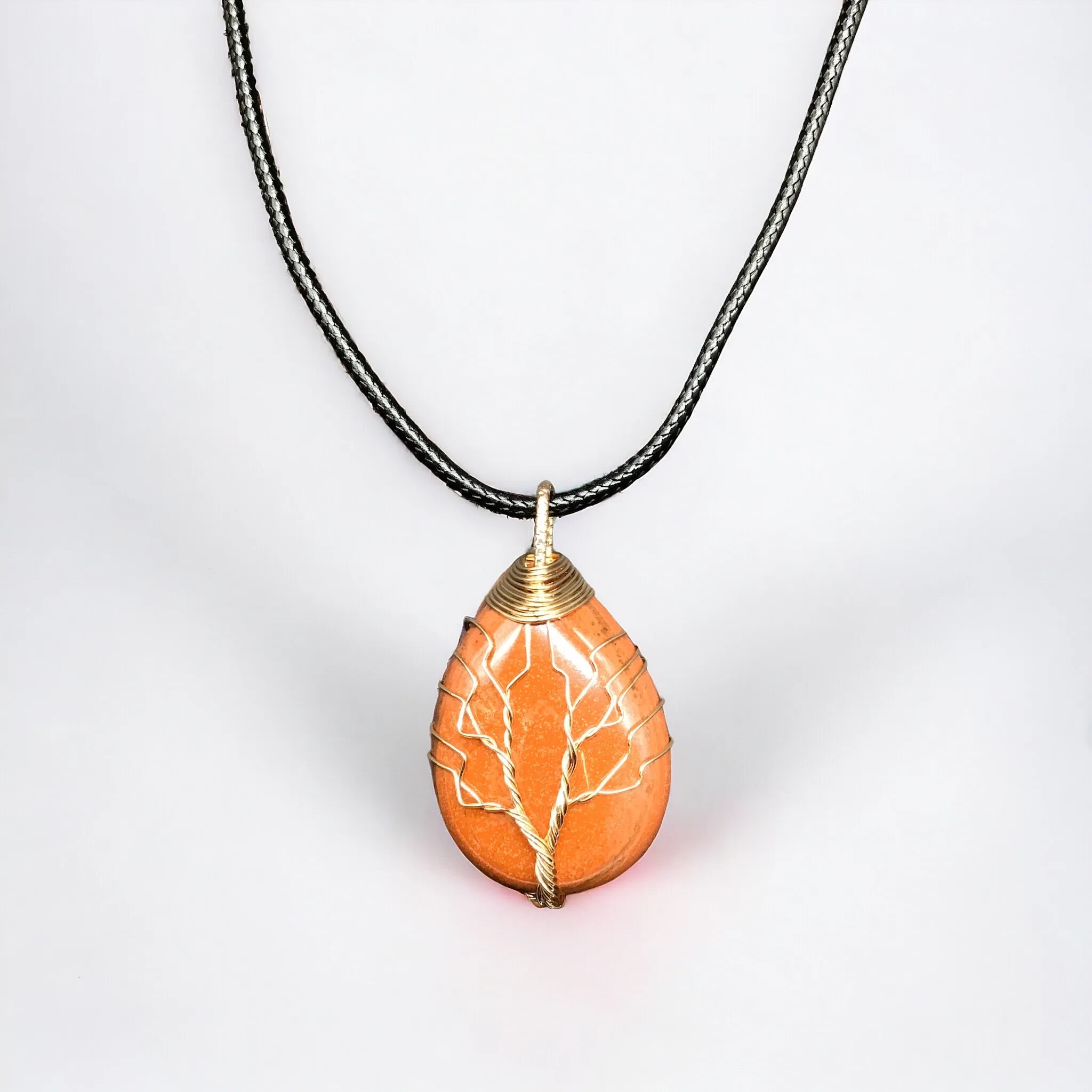 Orange Gemstone Pendant Wrapped w/ Gold Tree of Life