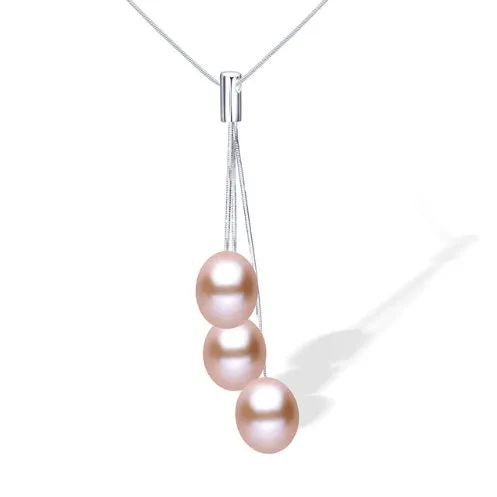 Peach Triple Genuine Freshwater Pearl Sterling Silver Tassel Necklace for Women