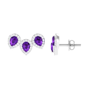 Pear Cut Amethyst 3 Stone Stud Earring with Diamond Halo