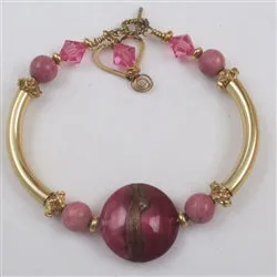 Pink & Gold Artisan Bead Gold Bangle Bracelet