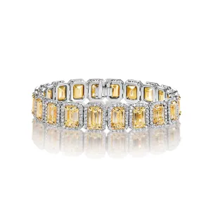 Priscilla 36 Carats Fancy Yellow Emerald Cut Halo Diamond Tennis Bracelet in 18k White Gold