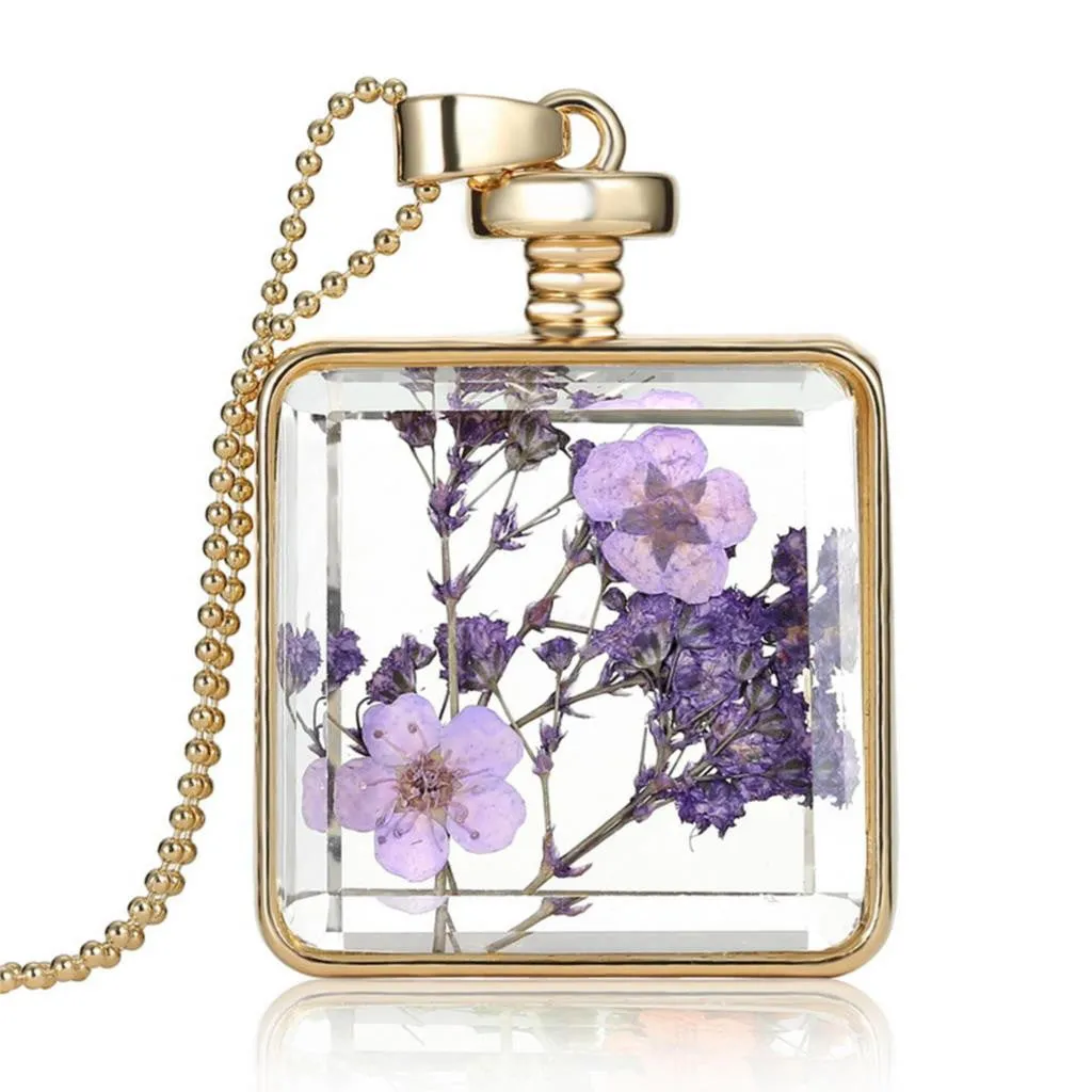 Purple Dried Flower Collares Glass Square Pendant Necklace Gold Color Long Chain Statement Necklace Women Fine Jewelry