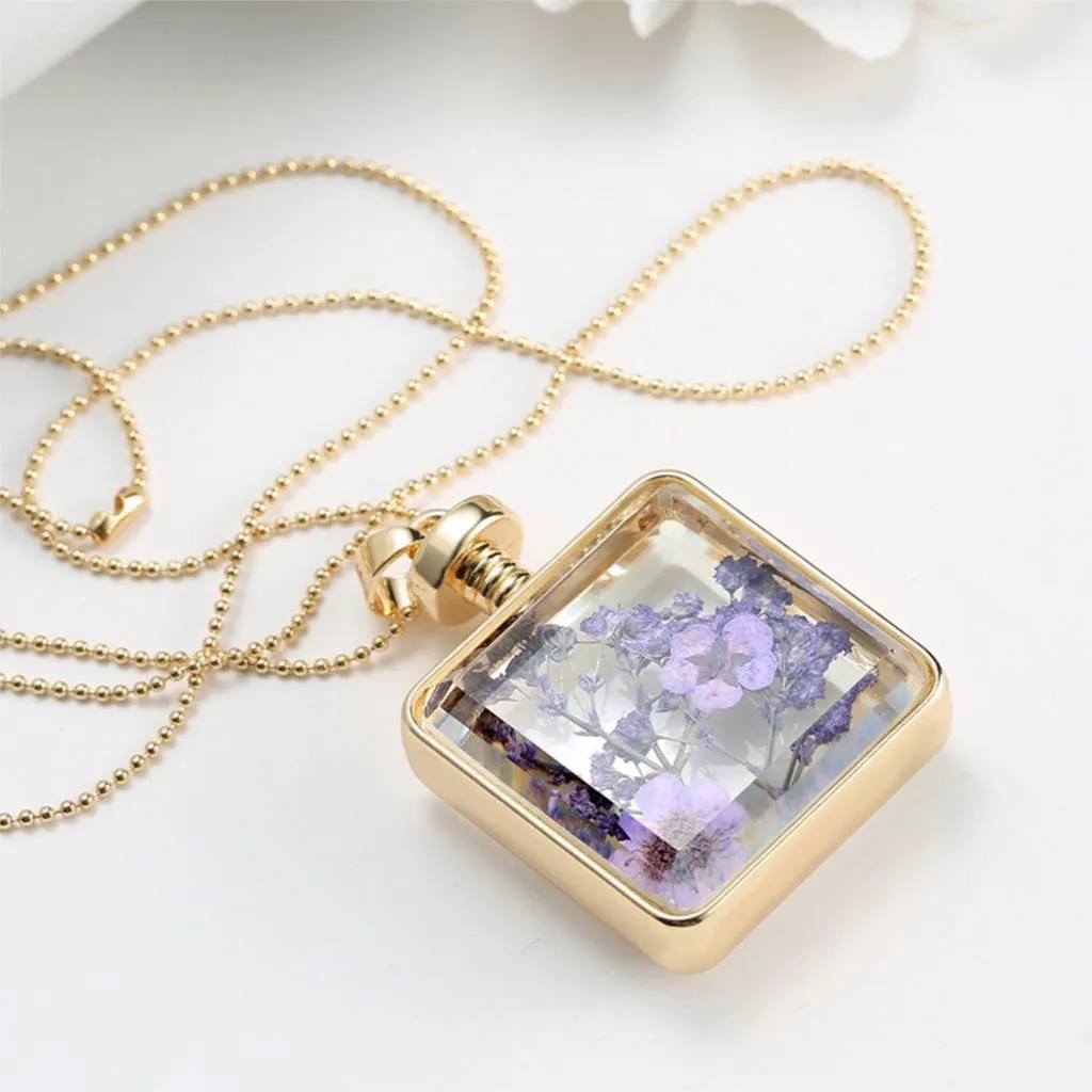 Purple Dried Flower Collares Glass Square Pendant Necklace Gold Color Long Chain Statement Necklace Women Fine Jewelry