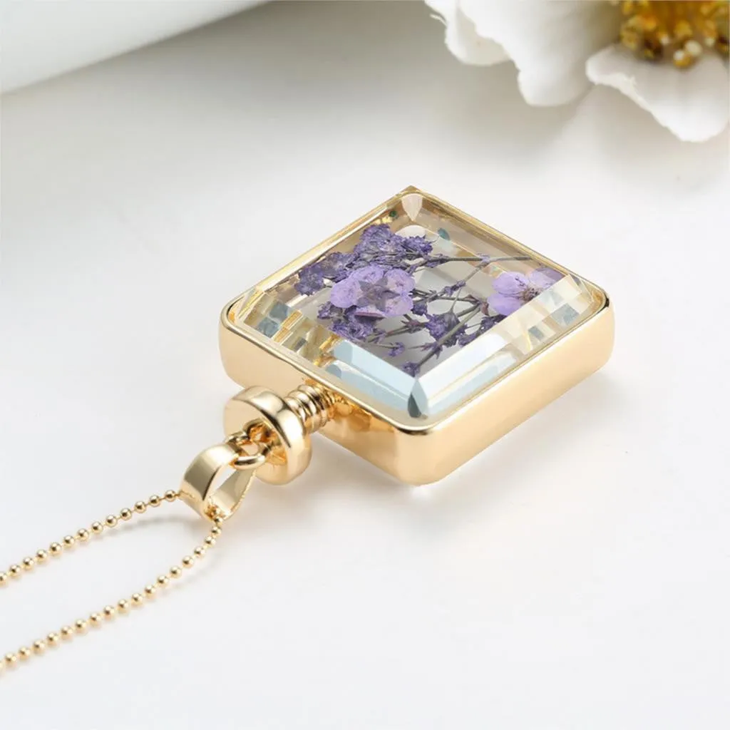 Purple Dried Flower Collares Glass Square Pendant Necklace Gold Color Long Chain Statement Necklace Women Fine Jewelry